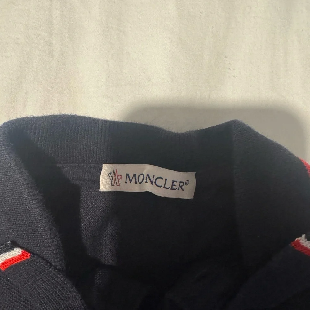 Moncler Navy Long Sleeve Polo with Red & White Trim Detail